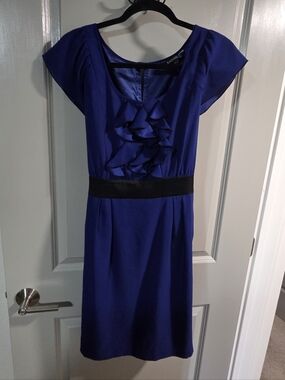 Express Royal Blue Ruffle Front Midi Dress with Black Waistband